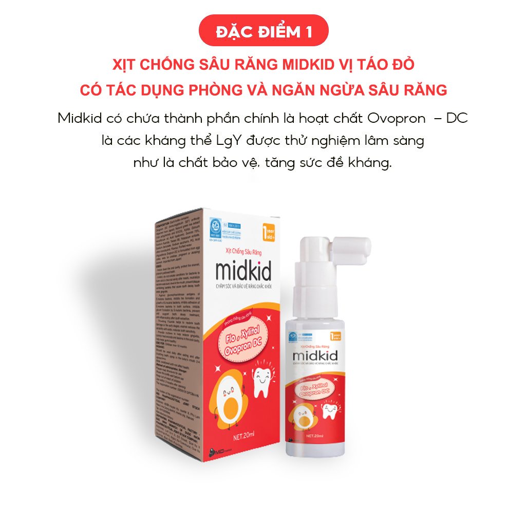 Xịt chống sâu răng MIDKID vị Táo 20ml cho bé từ 1 tuổi nuốt an toàn giúp làm sạch thơm khoang miệng, bảo vệ men răng
