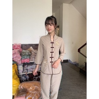 thời trang đi chùa nữ, cổ tàu thêu sen