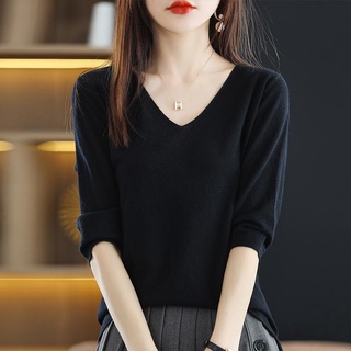 Mùa Xuân Mùa Hè Cổ Chữ V Chui Đầu Giữa Tay Đáy Áo Sơ Mi Nữ Phong Cách Hàn Quốc Thời Trang Rời Dệt Kim Áo Len Áo Thun Nữ Top Mỏng Phong Cách