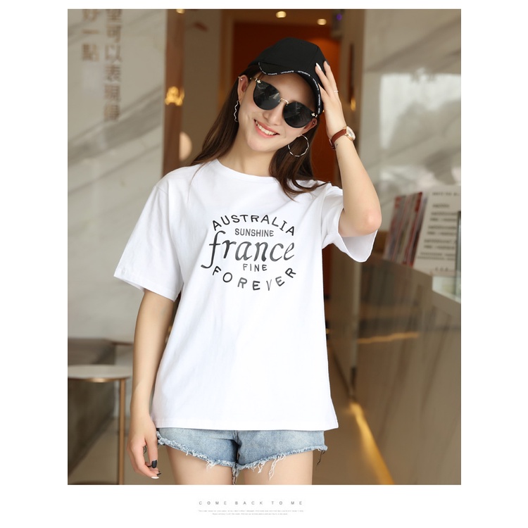 Áo form rộng nữ HappyFamily Xanh rê cổ tròn tay ngắn basic in chữ Australia sunshine France fine For