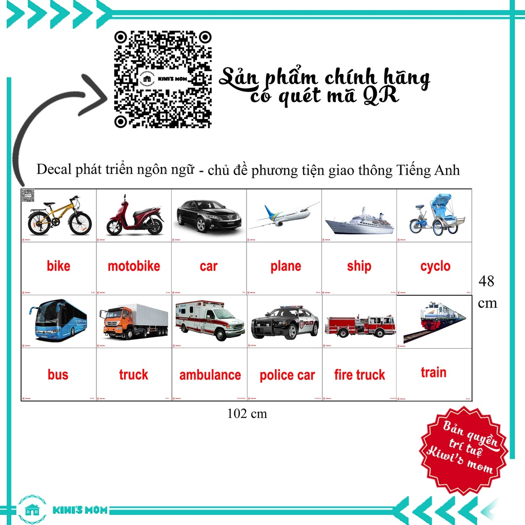 DECAL Phát triển ngôn ngữ Tiếng Anh KIWI'S MOM - 4 lớp cao cấp chống nước