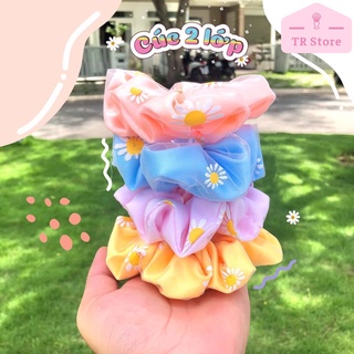 Scrunchies hoa cúc hai lớp dày dặn, dây buột tóc, cột tóc hình cúc trắng