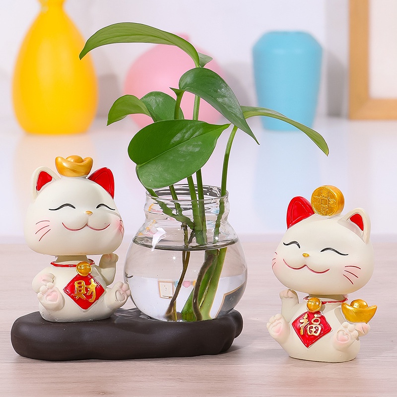 Bộ decor Mèo thần tài may mắn kết hợp cùng bình thủy sinh trang trí nhà, bàn làm việc góc học tập giúp mang lại may mắn