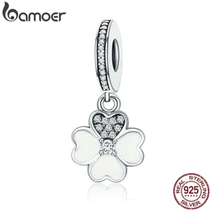Mặt phụ kiện Bamoer SCC259 bạc 925 hình cỏ 4 lá độc đáo thời trang