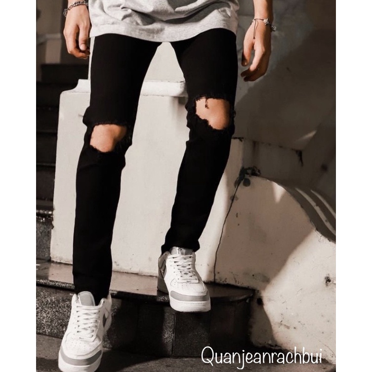 Quần Jeans Skinny Đen Rách To Ngang Gối,quần bò xanh rách gối nam dáng slim fit co giãn có BIGSIZE