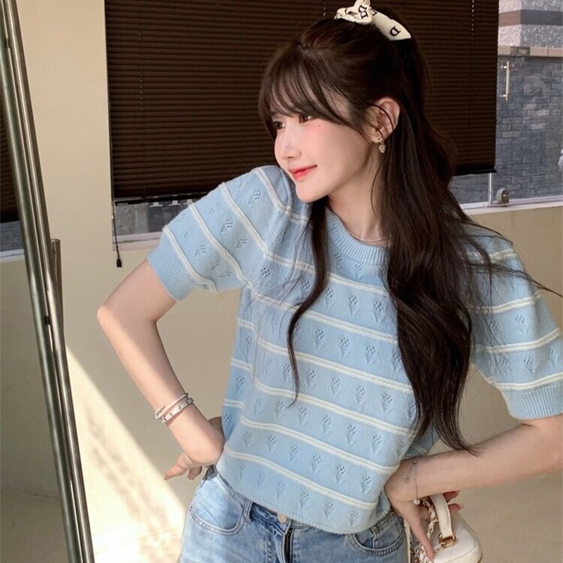 Áo Thun Dệt Kim Tay Ngắn Dáng Rộng Họa Tiết Kẻ Sọc Thời Trang Cho Nữ