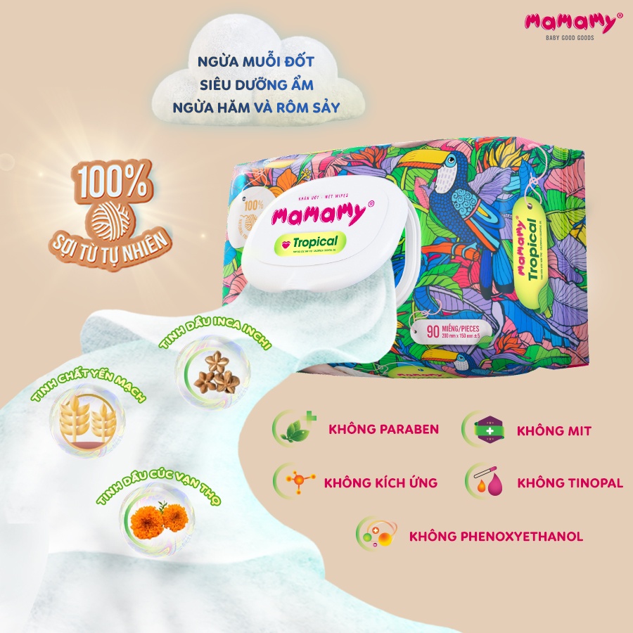 Ảnh Khăn giấy ướt Mamamy Tropical 100% sợi tự nhiên và rayon cho mẹ và bé gói 90 tờ tặng gói 60 tờ 3
