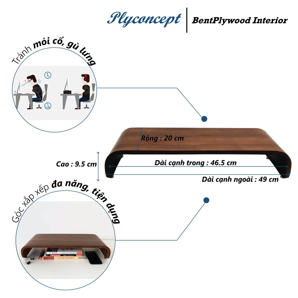 Ảnh Kệ màn hình, Bàn kê màn hình máy tính gỗ uốn cong - Plyconcept Monitor Stand Màu Gỗ Walnut 2