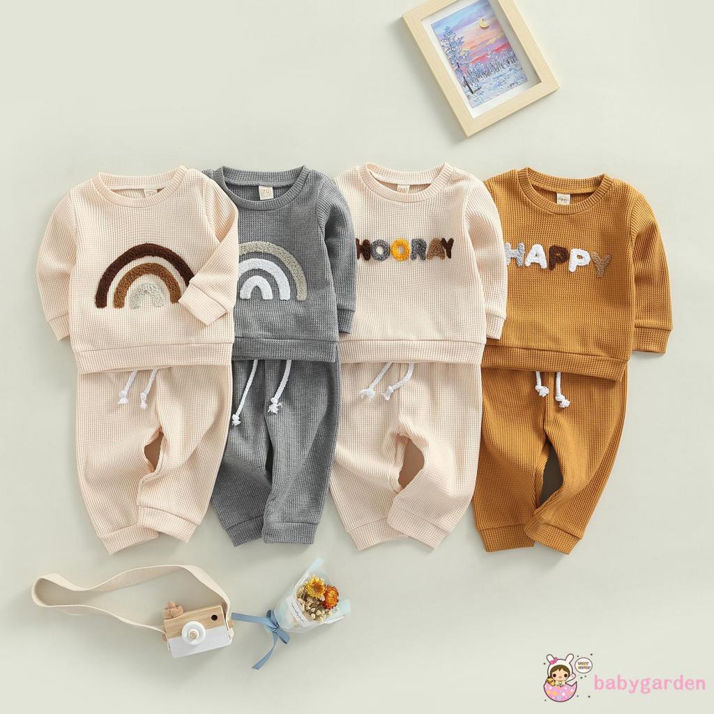 Bộ Áo Thun Tay Dài Cổ Tròn + Quần Dài Họa Tiết Cầu Vồng Dành Cho Bé 0-24 Tháng Tuổi