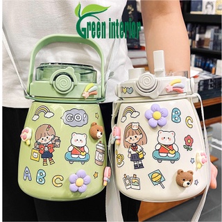 Bình giữ nhiệt Greeninterior dung tích 880ml, bình đựng nước cute có ống hút, inox 304 cao cấp kèm hình dán 3D Màu Trắng