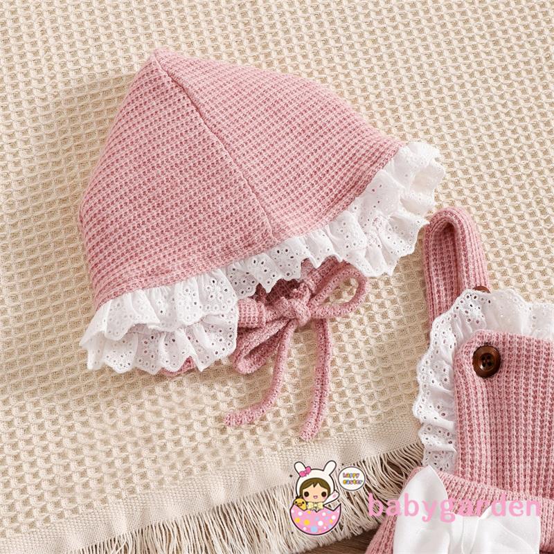 Set áo liền quần dệt kim sát nách phối bèo đính nơ màu sắc tương phản kèm mũ xinh xắn cho bé gái 0-18 tháng tuổi