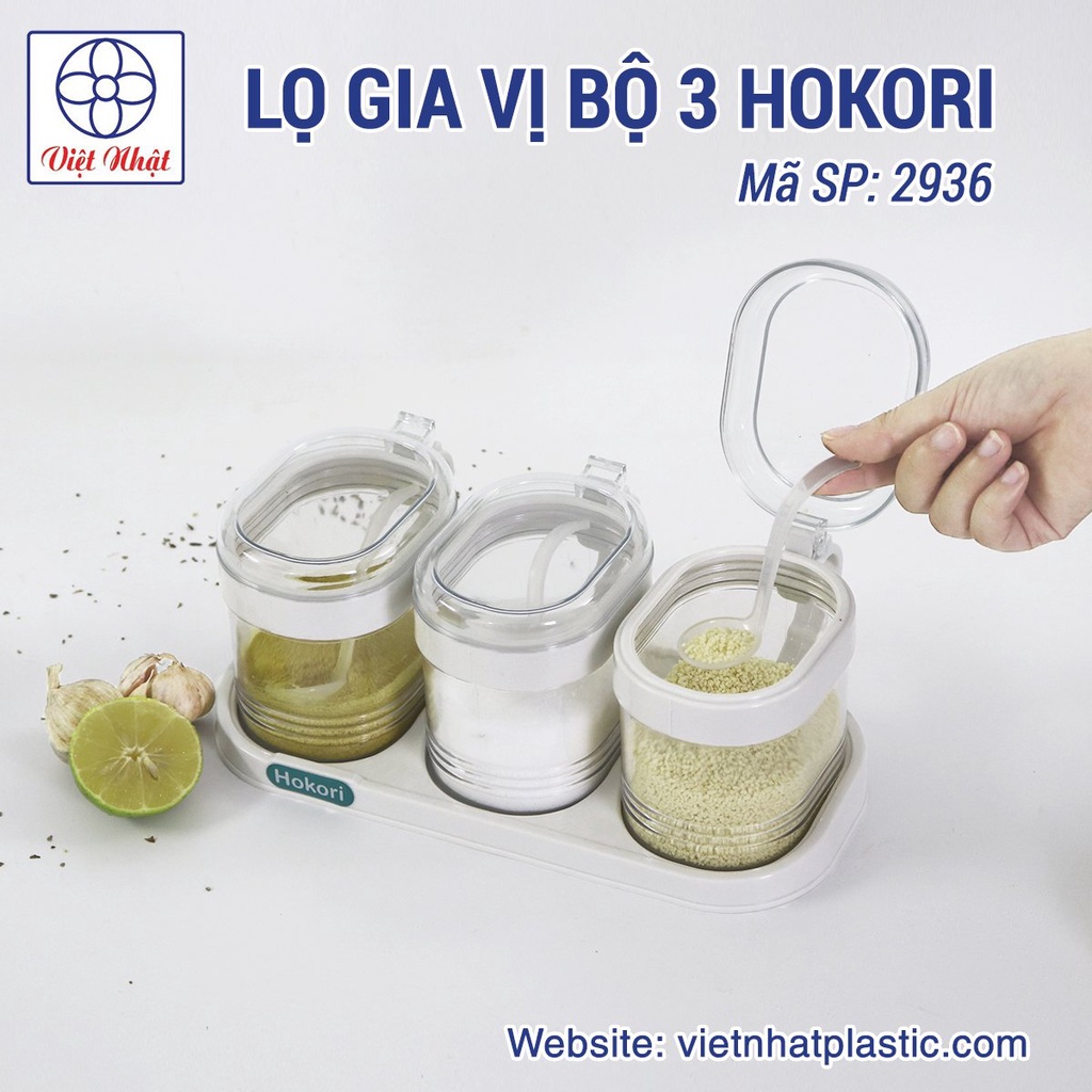 Bộ 3 Hũ Đựng Gia Vị HOKORI Nhựa Việt Nhật Cao Cấp, Hũ Đựng Gia Vị Đẹp Có Kèm Thìa Tiện Lợi 2936