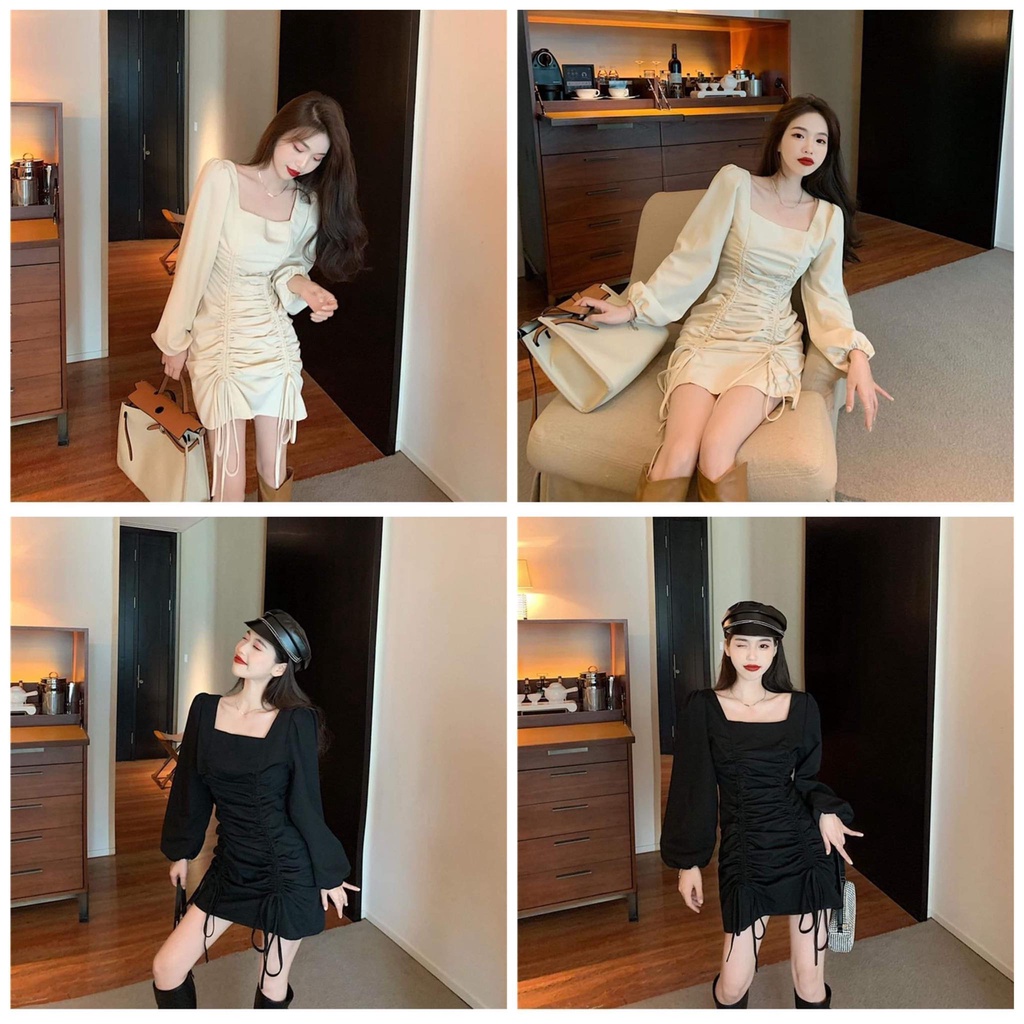 ĐẦM SUÔNG TAY DÀI RÚT DÂY NHÚNG ĐEN NUDE