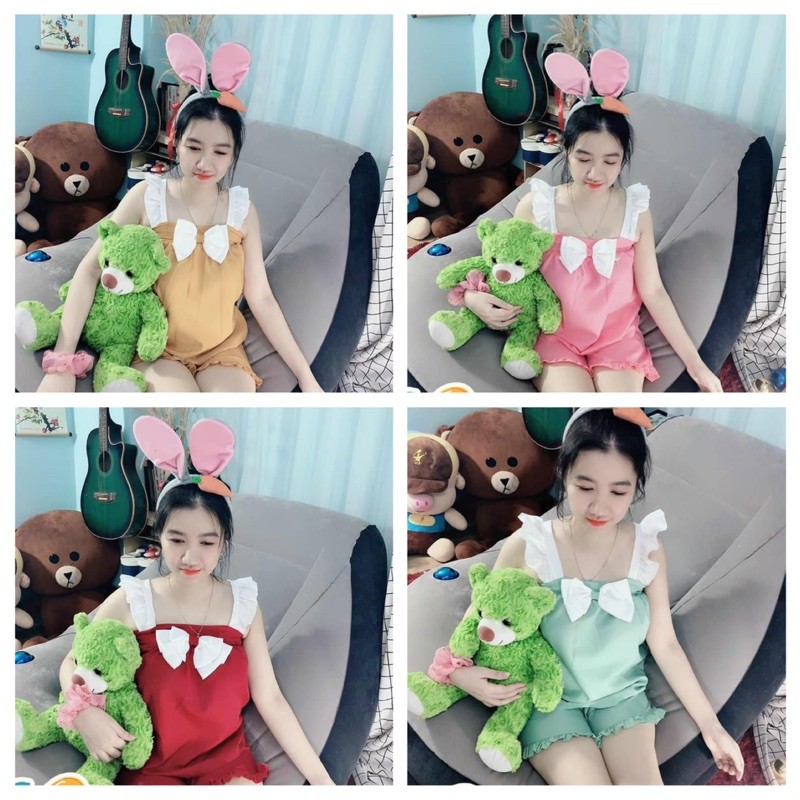 Bộ ngủ mặc nhà kate lụa phối nơ dễ thương