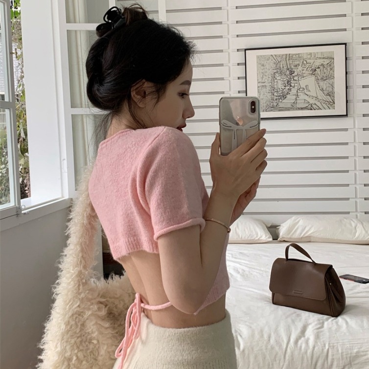 Áo croptop dệt kim SUXI tay ngắn lưng cao cột dây phong cách Hàn Quốc quyến rũ