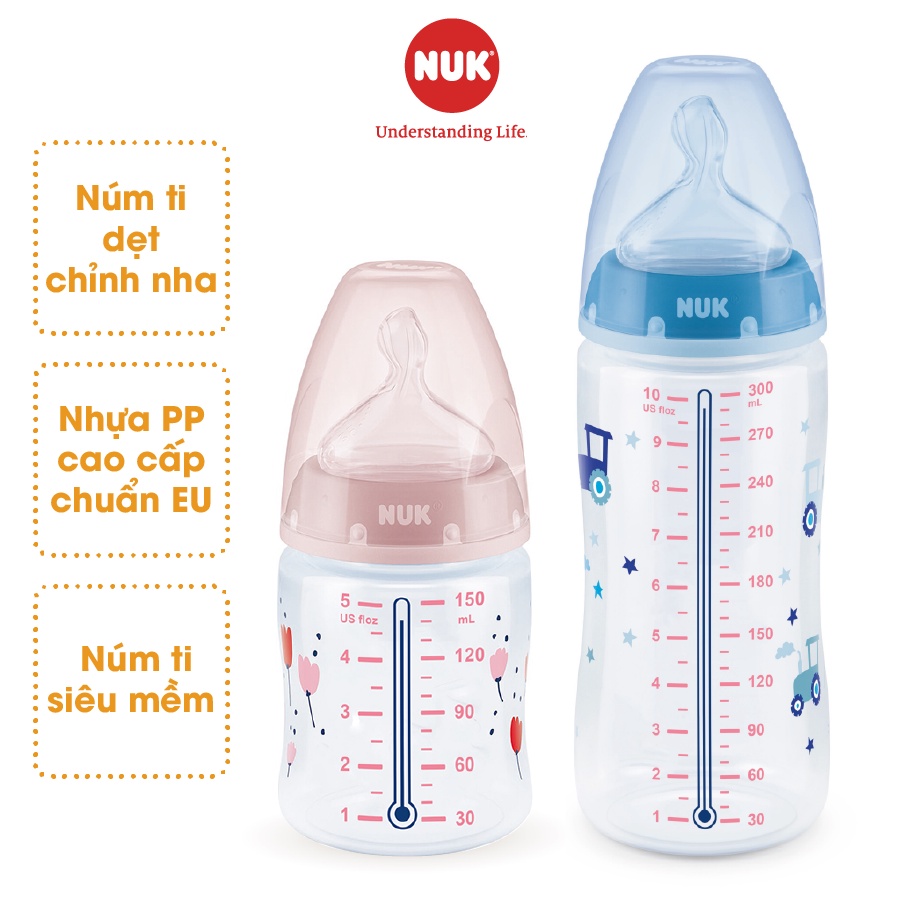 Bình sữa cảm biến nhiệt NUK nhựa PP cao cấp chuẩn EU núm ti silicone chỉnh nha 150ml, 300ml