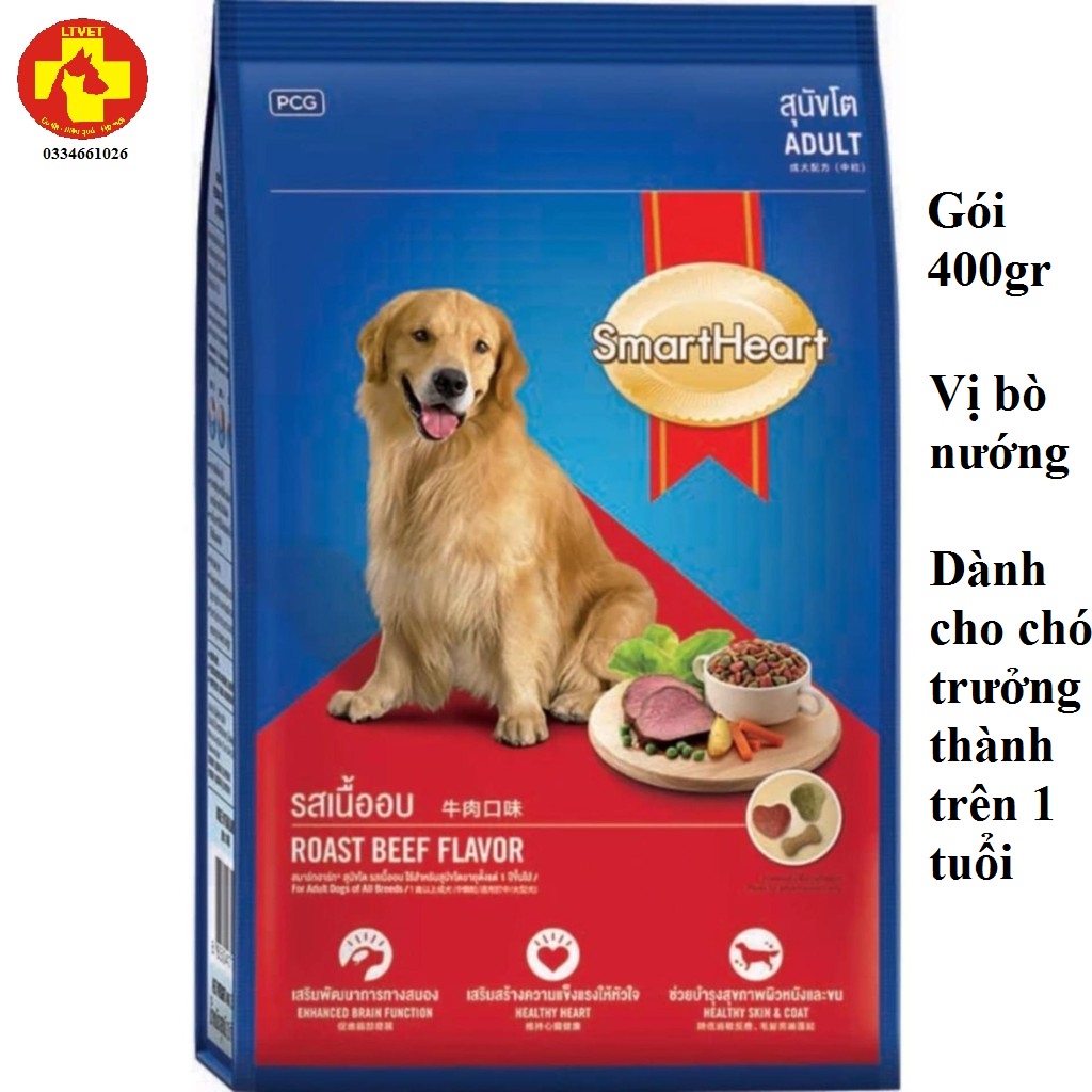 Thức ăn hạt Smartheart adult gói 400gr chó chó trưởng thành vị thịt bò nướng