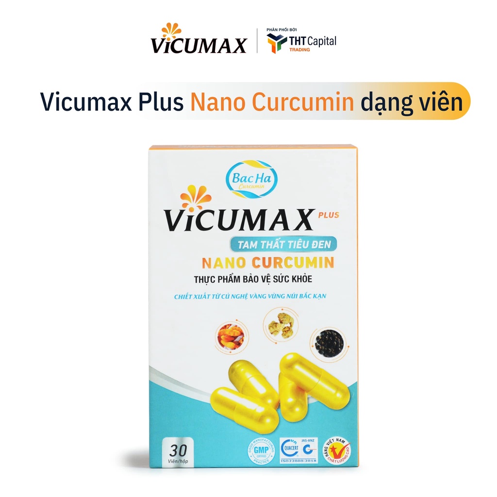 Vicumax Plus Tam thất Tiêu đen Nano Curcumin hộp 30 viên - Tăng sức đề kháng, hồi phục nhanh tổn thương - VIPHV030