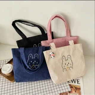 Túi tote đeo vai vải nhung gân đi làm đi học - CHÓ CUTE THÊU, THỎ CÀ RỐT THÊU
