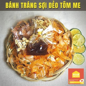Bánh tráng SỢI DẺO TÔM ME chua chua cay cay (2 cái bánh tráng + topping me, đậu phộng, hành phi)