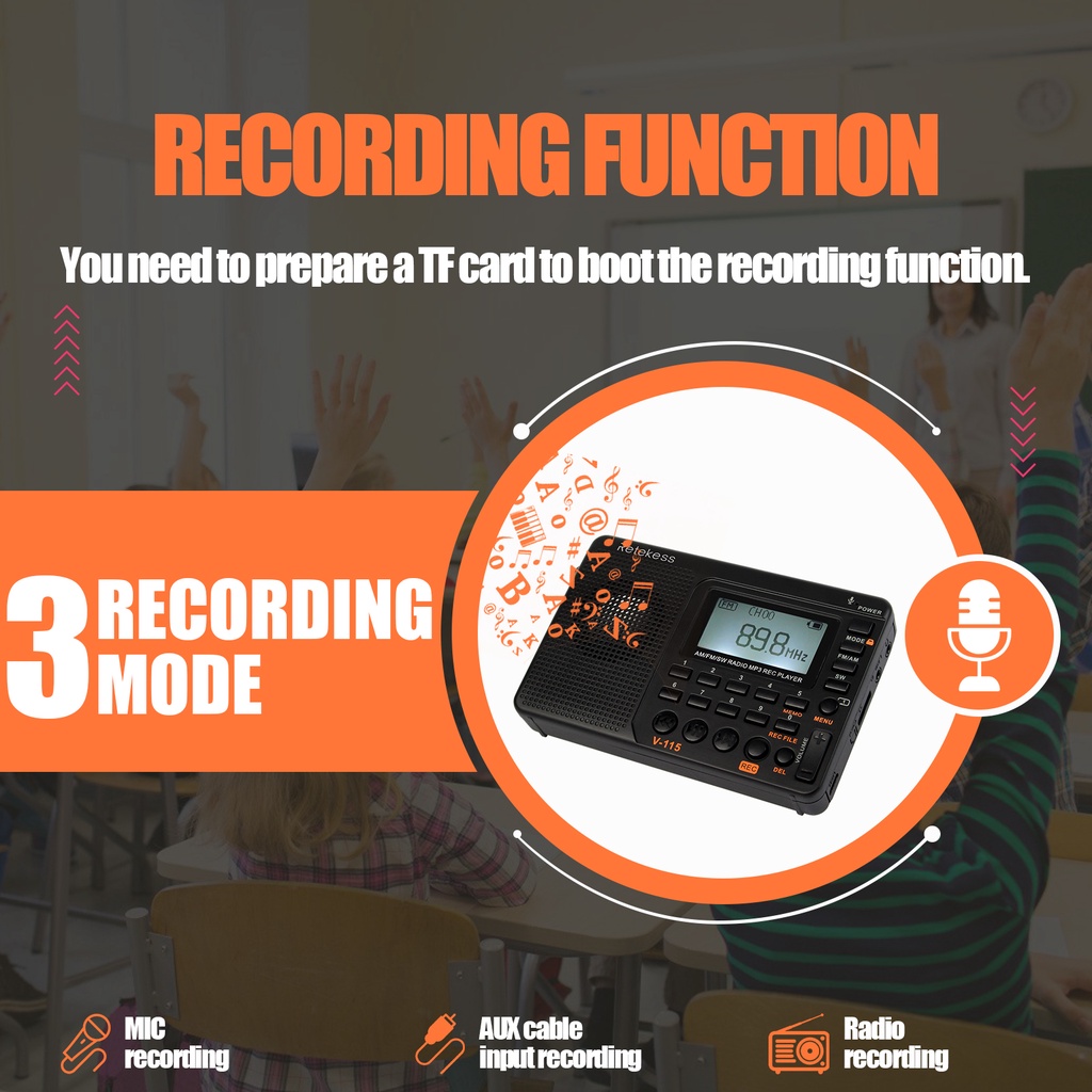 Ảnh Radio RETEKESS V115 Fm sóng ngắn nghe nhạc Mp3 ghi âm kỹ thuật số hỗ trợ thẻ Micro Sd Tf với chức năng hẹn giờ ngủ 4