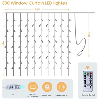 Đèn dây rèm LED 3x3m 300, Đèn cổ tích USB có điều khiển từ xa, 8 chế độ Đèn treo chống nước cho Giáng sinh Cửa sổ sân vườn đám cưới Trang trí ngoài trời trong nhà