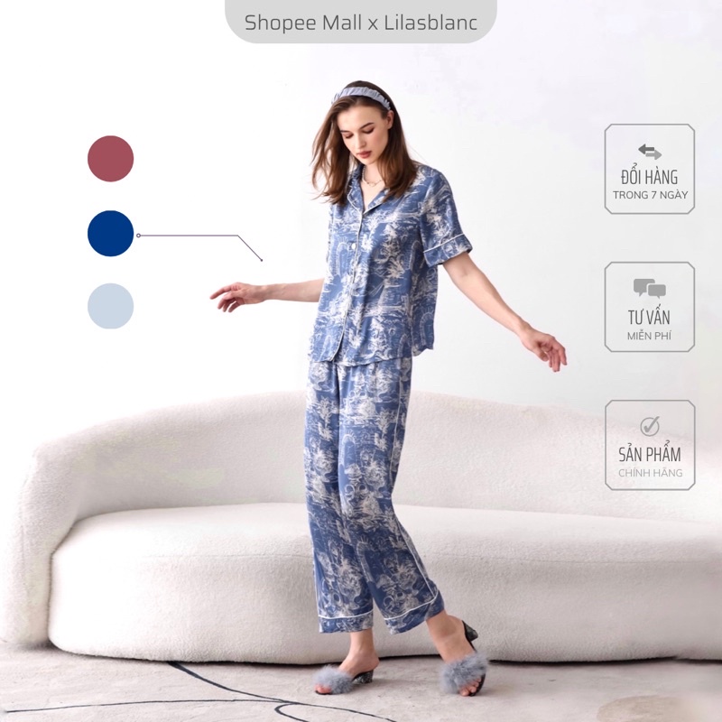 Bộ Pyjamas Nữ Mặc Nhà Áo Cộc Quần Dài Chất Liệu Lụa Màu Xanh In Họa Tiết Christian Blue LILAS BLANC