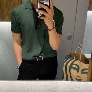 Hàn Quốc Hàn Quốc Ice Silk Chất Lượng Cao Áo Sơ Mi POLO Mùa Hè Phiên Bản Hàn Quốc Slim-fit Nam Ice Silk Tay Ngắn Áo Sơ Mi Polo Ánh Sáng Anh Sang Trọng Nam Sọc Dệt Kim Ve Áo Thun