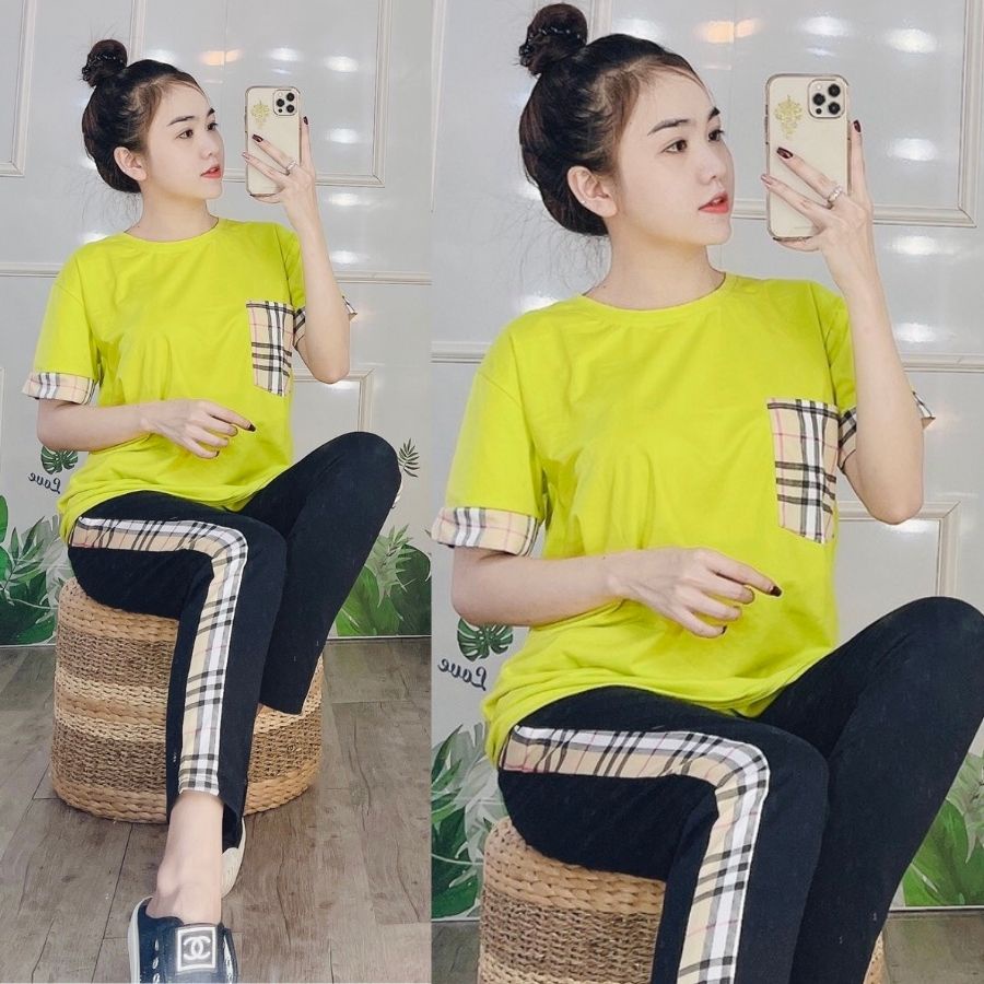 Đồ Bộ Nữ Mặc Nhà ESHOP DB15 Bigsize 43-85kg Áo Tay Ngắn Thun Cotton Quần Dài Caro Dễ Thương