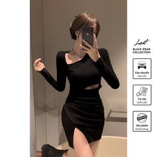 Váy đen tay dài xẻ đùi thời trang nữ LUST chất liệu dày dặn cao cấp thiết kế đẹp - M10