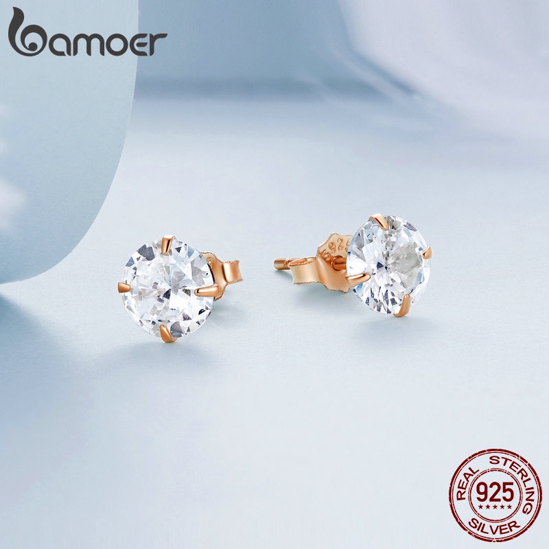 BAMOER 1 Đôi Bông Tai bạc 925 Đính Đá zircon Đơn Giản Thời Trang
