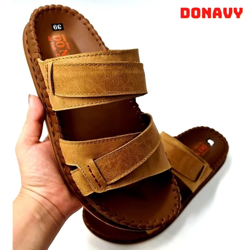 Dép quai ngang nam da bò thật DONAVY D.DELA