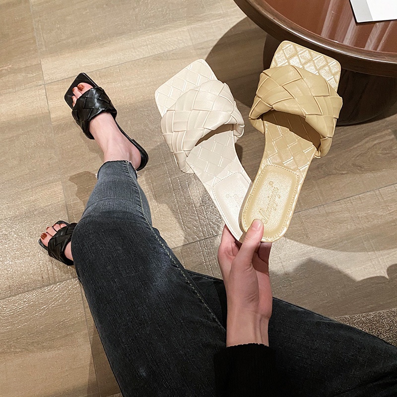 Size Lớn 33-43 Dép Nữ Mặc Ngoài Ngón Chân Vuông Lớn Dệt Lật Dép Đế Bằng Size Lớn Giày Lười Mùa Hè Chống Trơn Trượt Nữ