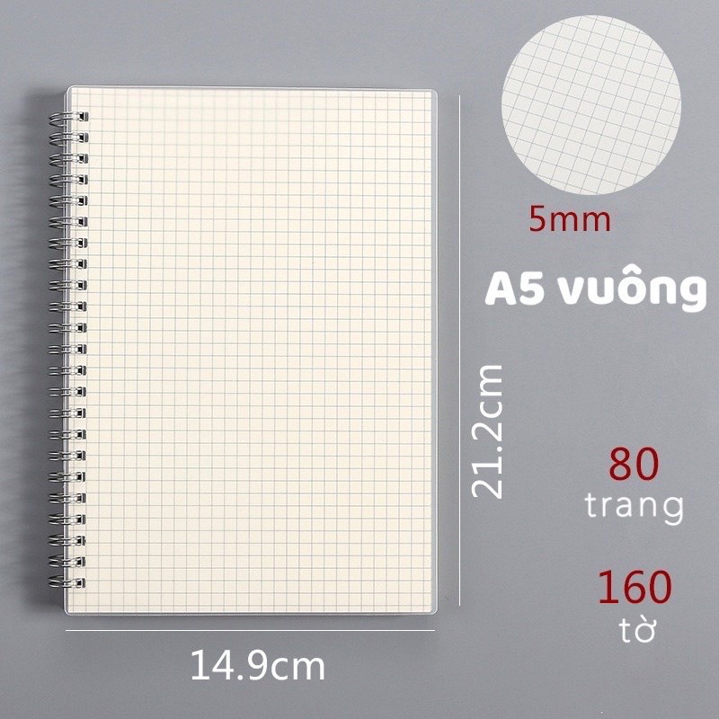 Sổ tay lò xo A5 kẻ ô vuông, sổ còng 160 trang