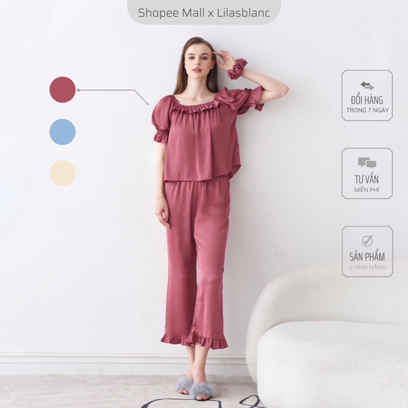 Bộ Pyjamas Nữ Mặc Nhà Áo Cộc Quần Dài Chất Liệu Lụa Thiết Kế Tay Bồng Phối Cổ Viền Bèo Màu Hồng Đậm Clara LILAS BLANC spe