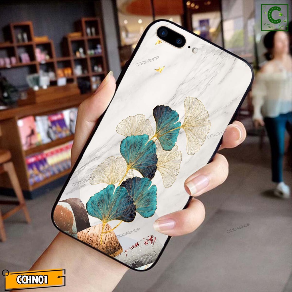 Ốp lưng iphone mặt kính cao cấp  - Lá cây xanh trắng phác họa  - 6/6plus/6s/6splus/7/7plus/8/8plus/x/.....
