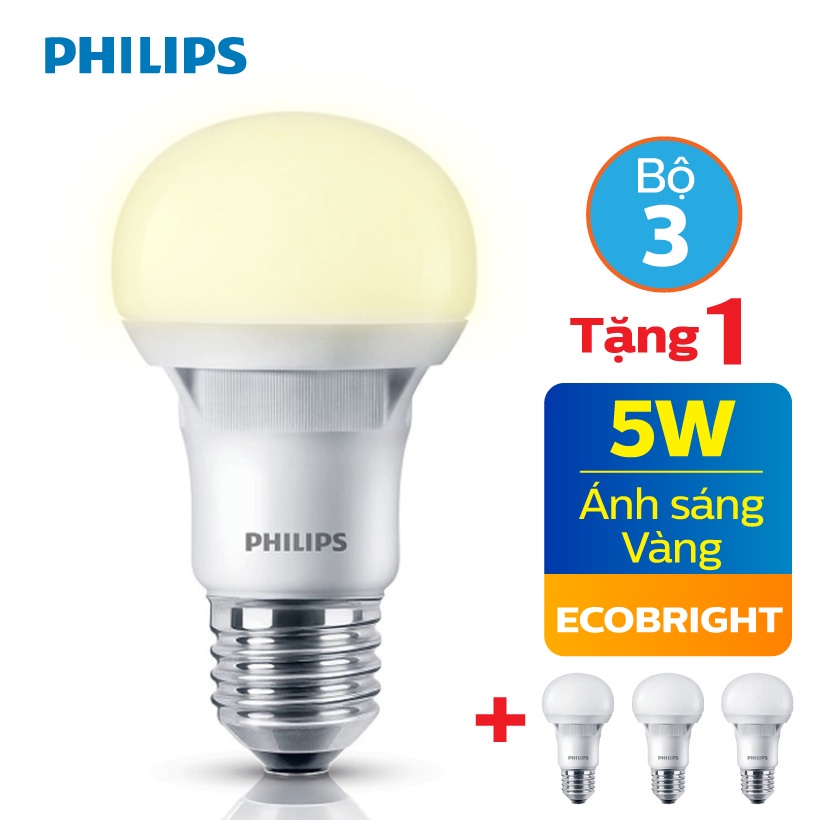 [Mã BMLTA35 giảm đến 35K đơn 99K] COMBO Mua 3 tặng 1 Bóng đèn LED Philips Ecobright 5W 3000K E27 A60 - Ánh sáng vàng