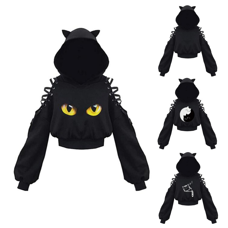 Áo Hoodie Croptop Dáng Rộng Hở Vai Tay Dài Khoét Lỗ Hở Vai Đính Tai Mèo Dễ Thương Phong Cách Harajuku Cho Nữ
