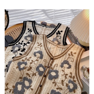Áo Sweater Dệt Kim Sát Nách Dáng Rộng Cổ Chữ V Thêu Hoa Phong Cách Hàn Quốc Cho Nữ