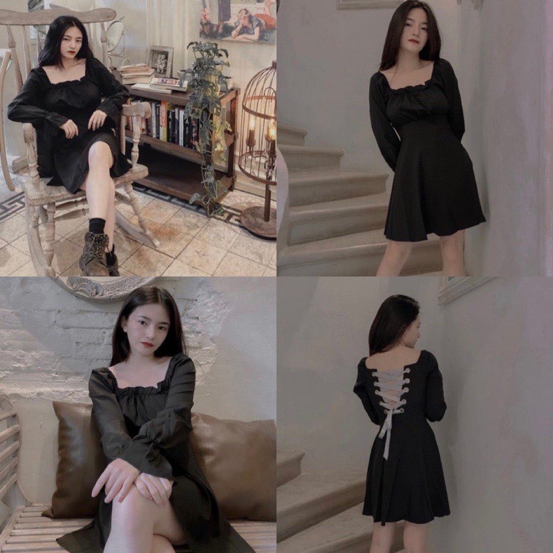 ĐẦM ĐEN THẮT DÂY CHÉO LƯNG SANG CHẢNH - LOWEN DRESS