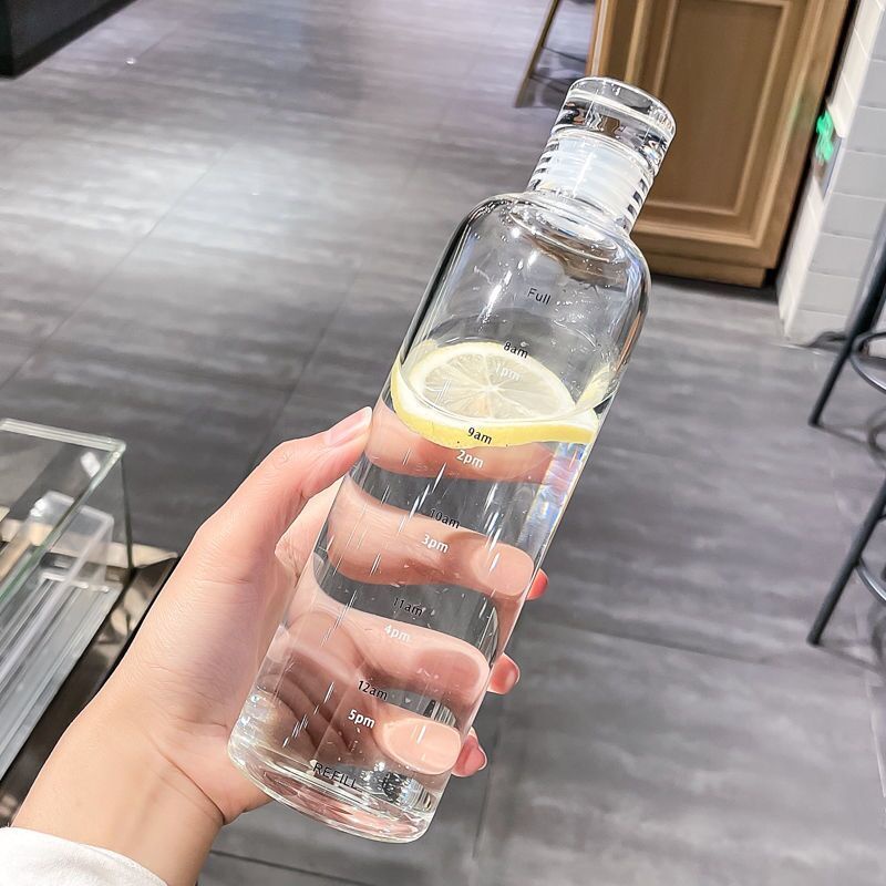 Cốc nước thủy tinh chịu nhiệt có vạch đo, phong cách Ins nữ, bình nước mới dung tích lớn kèm nắp