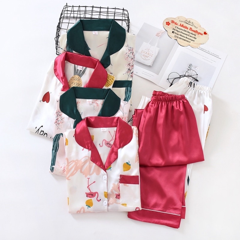 Pizama lụa họa tiết hoa lá, hoạt hình tay dài xinh - S02