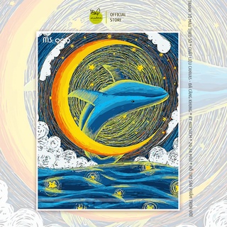 Tranh tô màu số hóa Madoca có khung 40x50cm cá heo chơi trăng T999