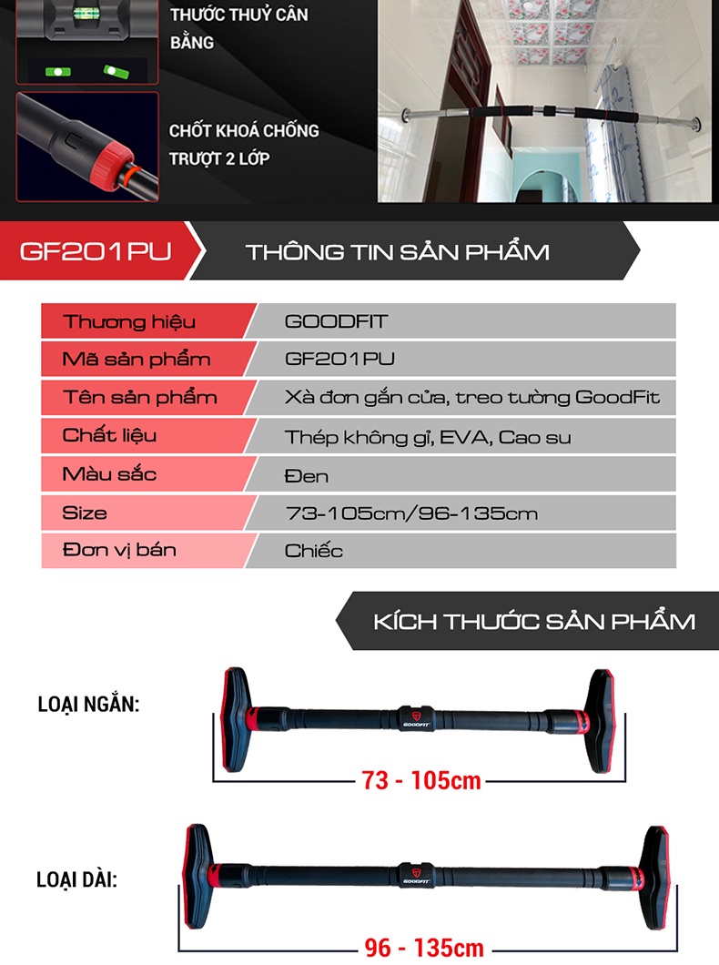 Mô tả Thanh xà đơn gắn cửa, xà đơn treo tường GoodFit chịu lực 200kg, chốt khóa chông trượt tập luyện tại nhà GF201PU - 10