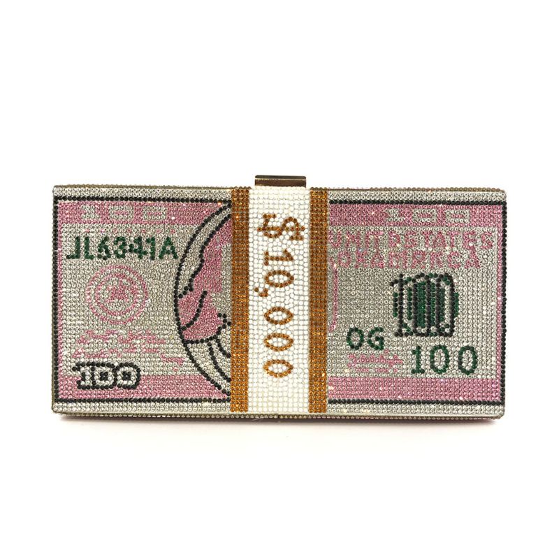Money Clutch for Rhinestone Purse 10000 Dollars Stack of Cash Evening Handbags