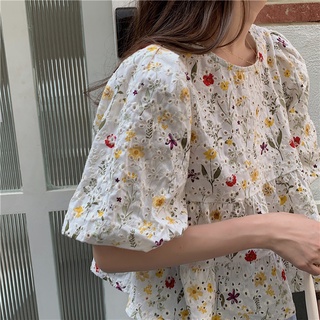 Phong Cách Hàn Quốc Nữ Nữ Thêu Rời Hoa Puff Áo Sơ Mi Tay Ngắn Áo Baju Baju Wanita Lengan Panjang Hàng Mới Sẵn Có