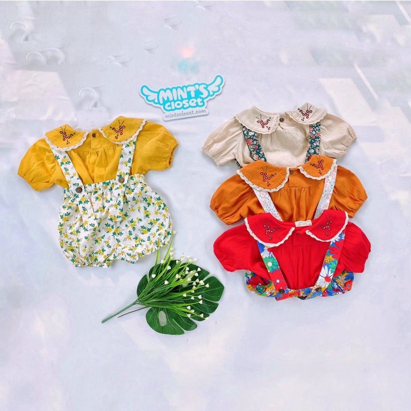 Set yếm bé gái kèm áo thêu hoa thô boil mềm phối ren cho bé 6 - 16kg MINTSCLOSET Mints Closet - YE5030