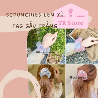 Scrunchies len xù tag gấu trắng