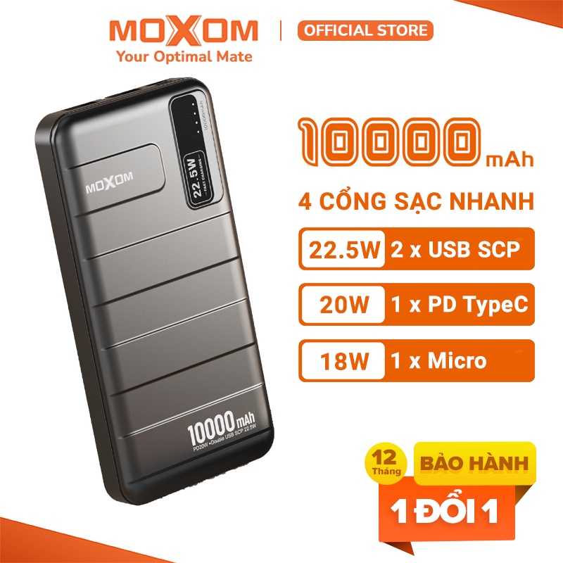 [Mã BMLT35 giảm đến 35K] Pin sạc dự phòng 10000mAh MOXOM PD 20W, QC 22.5W, 2 Output USB, 1 Output Type-C, 1 Input Micro