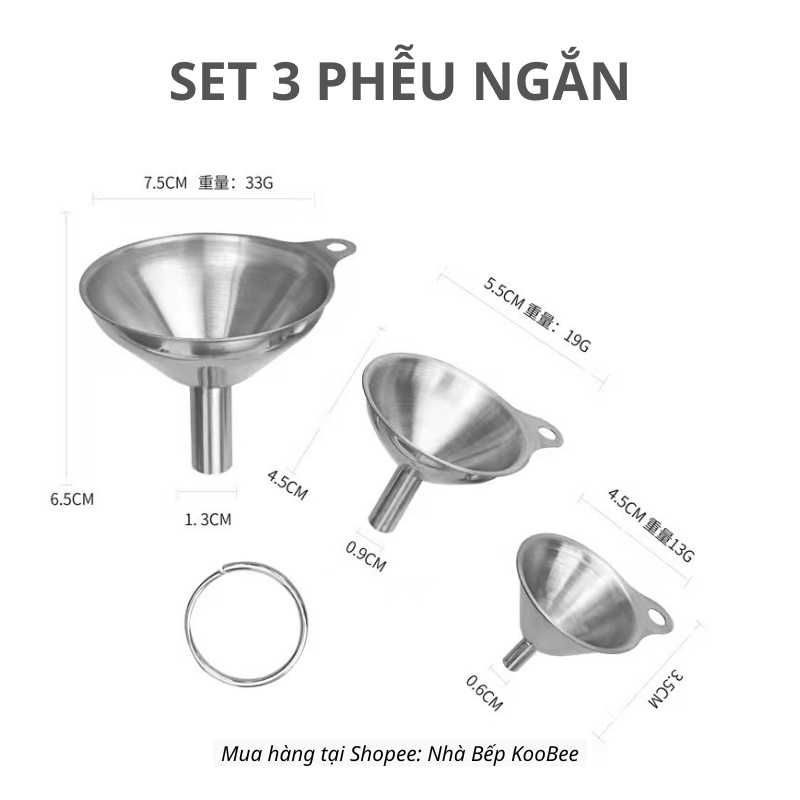 Bộ 3 Phễu Inox 304 KOOBEE – Phễu Rót Chất Lỏng, Dầu Ăn, Gia Vị, Nước Mắm, Chịu Nhiệt Không Gỉ Cao Cấp (NB65)